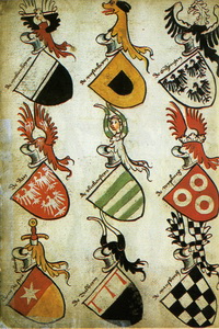 Немецкий гербовник, (конец 15 века), содержит изображение рогатого шлема в нижнем ряду