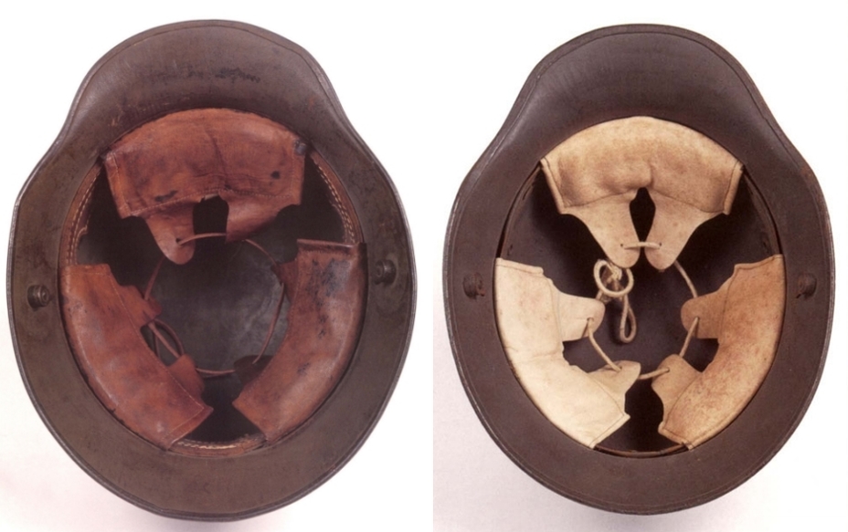​Вид на внутреннюю часть шлема образца 1916 года (слева) и образца 1917 года (справа). - От «пикельхаубе» к «штальхельму» | Военно-исторический портал Warspot.ru