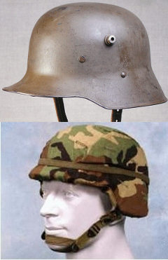 Немецкая каска образца 1916 года (сверху) и американская PASGT (снизу). Изображения с сайтов battlefront.ru и fas.org