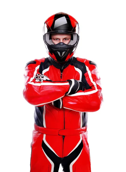 Мотоциклист в красном на белом фоне — стоковое фото