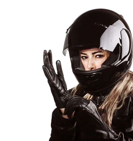 Женщина носить motorsport наряд — стоковое фото
