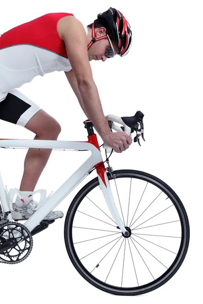 Велосипедист с велосипеда на белом фоне — стоковое фото