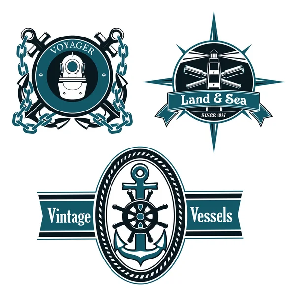 Винтажные морские эмблемы с морскими элементами — стоковый вектор
