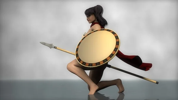 Девушка Спартанский воин с копьем и щитом — стоковое фото
