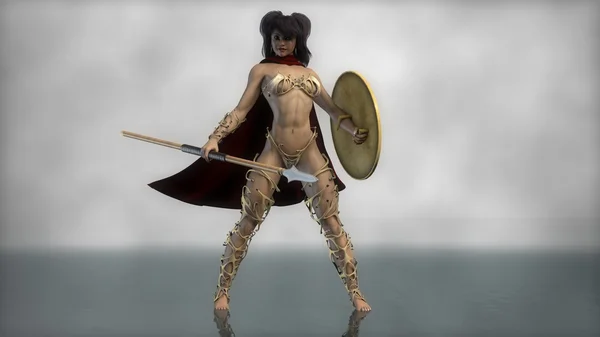 Девушка Спартанский воин с копьем и щитом — стоковое фото