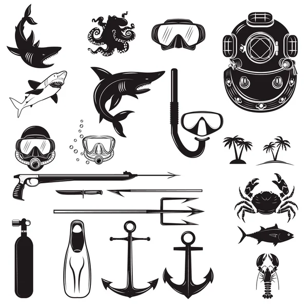 Diver design elements. Diver weapon, diver helmet, equipment for — стоковый вектор