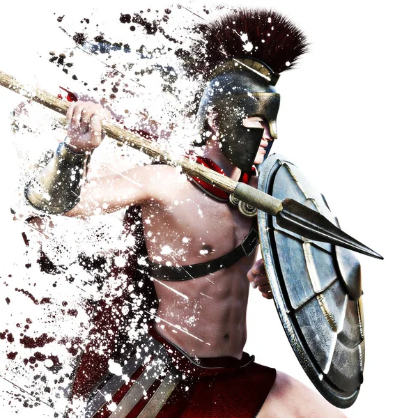 Спартанский атаки, Иллюстрация Спартанский воин в битве платье, нападения на белом фоне с эффектом брызги — стоковое фото