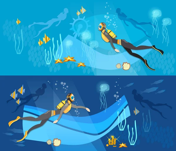 Дайвинг баннер, подводный людей водолаза силуэты — стоковый вектор