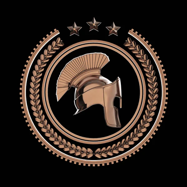 Высокий подробную спартанской, римской, греческой шлем в лавровый венок знак с кольцами и звёзд. Товары для спорта и военных боевых значок, рендеринга изолированные на черном фоне — стоковое фото