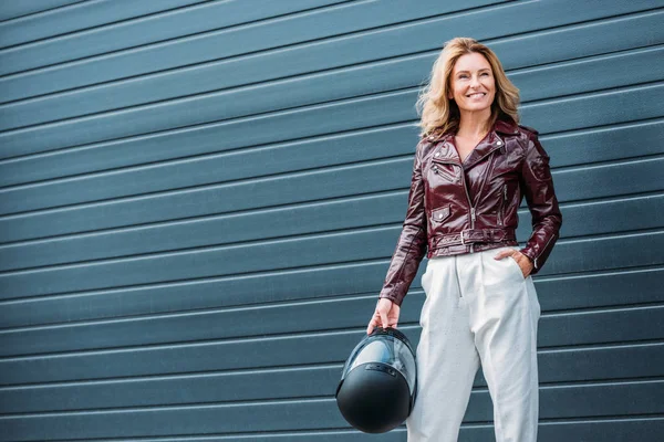 Attractive Woman Leather Jacket Holding Motorcycle Helmet Street — стоковое фото