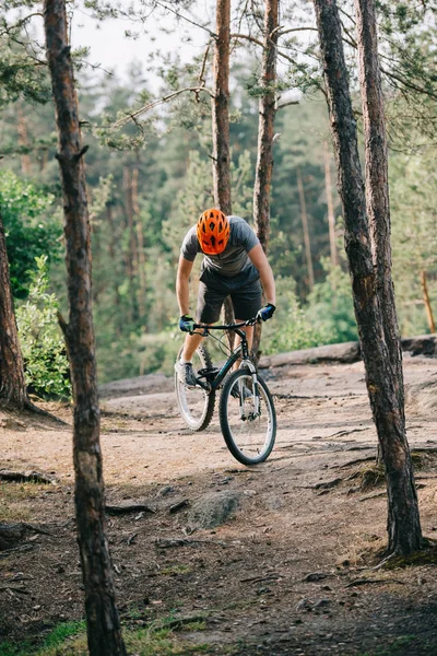 Вид Спереди Мужчин Крайняя Велосипедист Защитный Шлем Делает Трюк Горном — стоковое фото